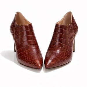 Inez Croc Embossed Leather Booties Brown Pointed Toe Stiletto Heel Size 10